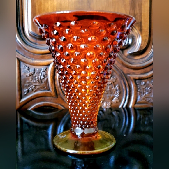 Fenton Other - Vntg Fenton 7 5/8" Buttercup Amberina Hobnail Glass Vase